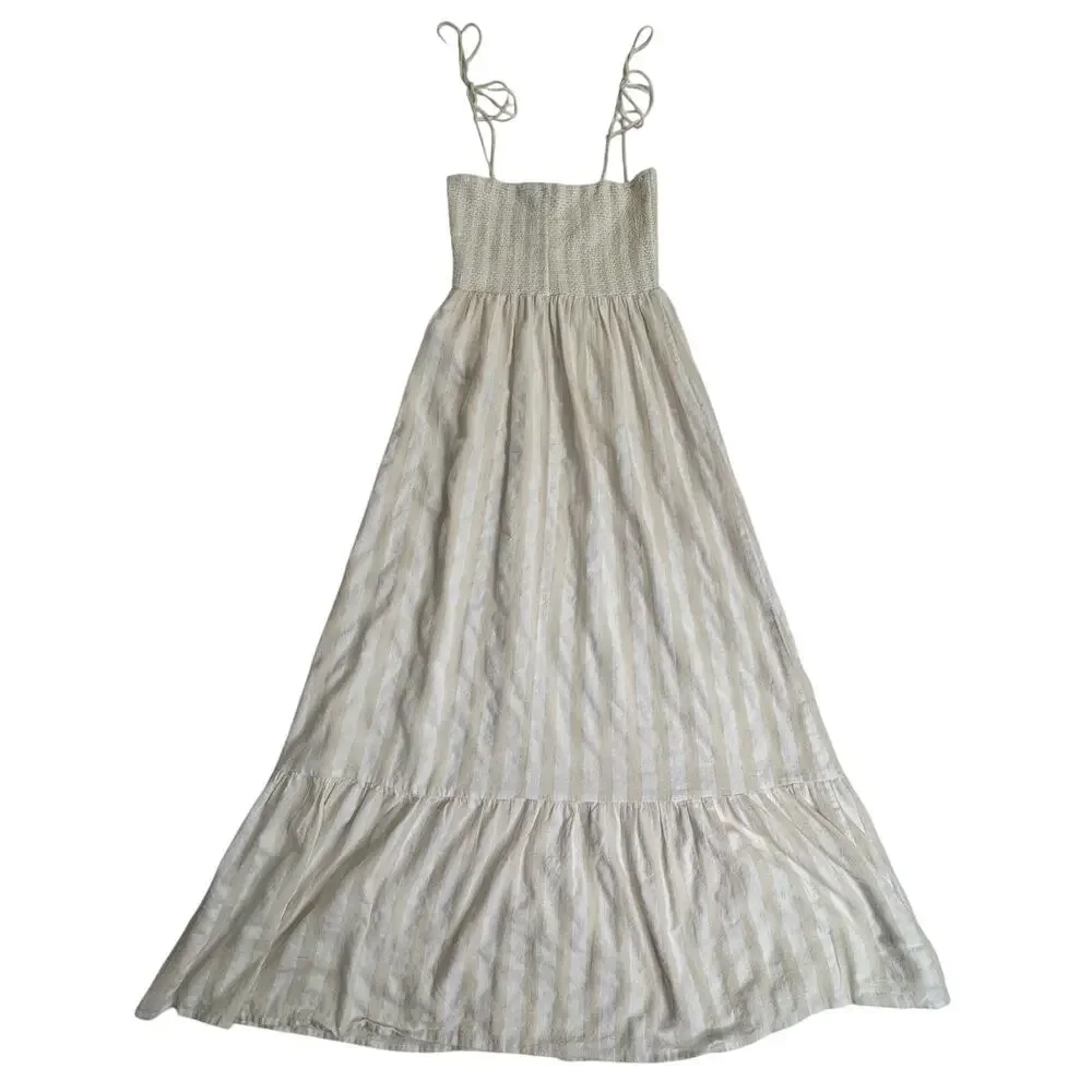 Boohoo Smocked Striped Sundress Maxi Cotton Women’s 6 Tiered Coastal Cottagecore - Picture 2 of 16